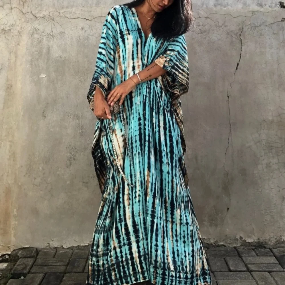 SOLD OUT Blue Boho Tie Dye Kaftan Kimono Dress - Picture 5 of 8